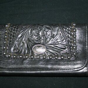 American West Black Tooled Leather Tri-Fold Wallet